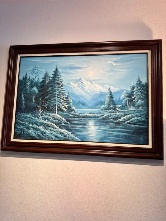 Large W. Chapman Framed Winter Landscape Painting  Snowy Mountain Scene '42x32