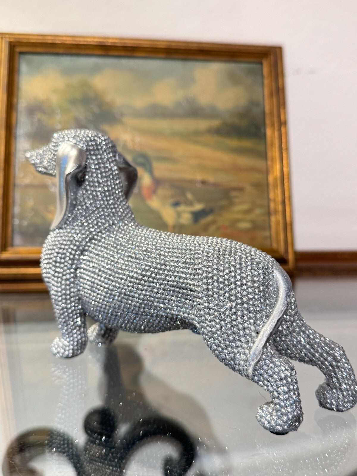 Elegant Silver  Beaded Dachshund Dog Figurine – Decorative Sculpture, 6 Long