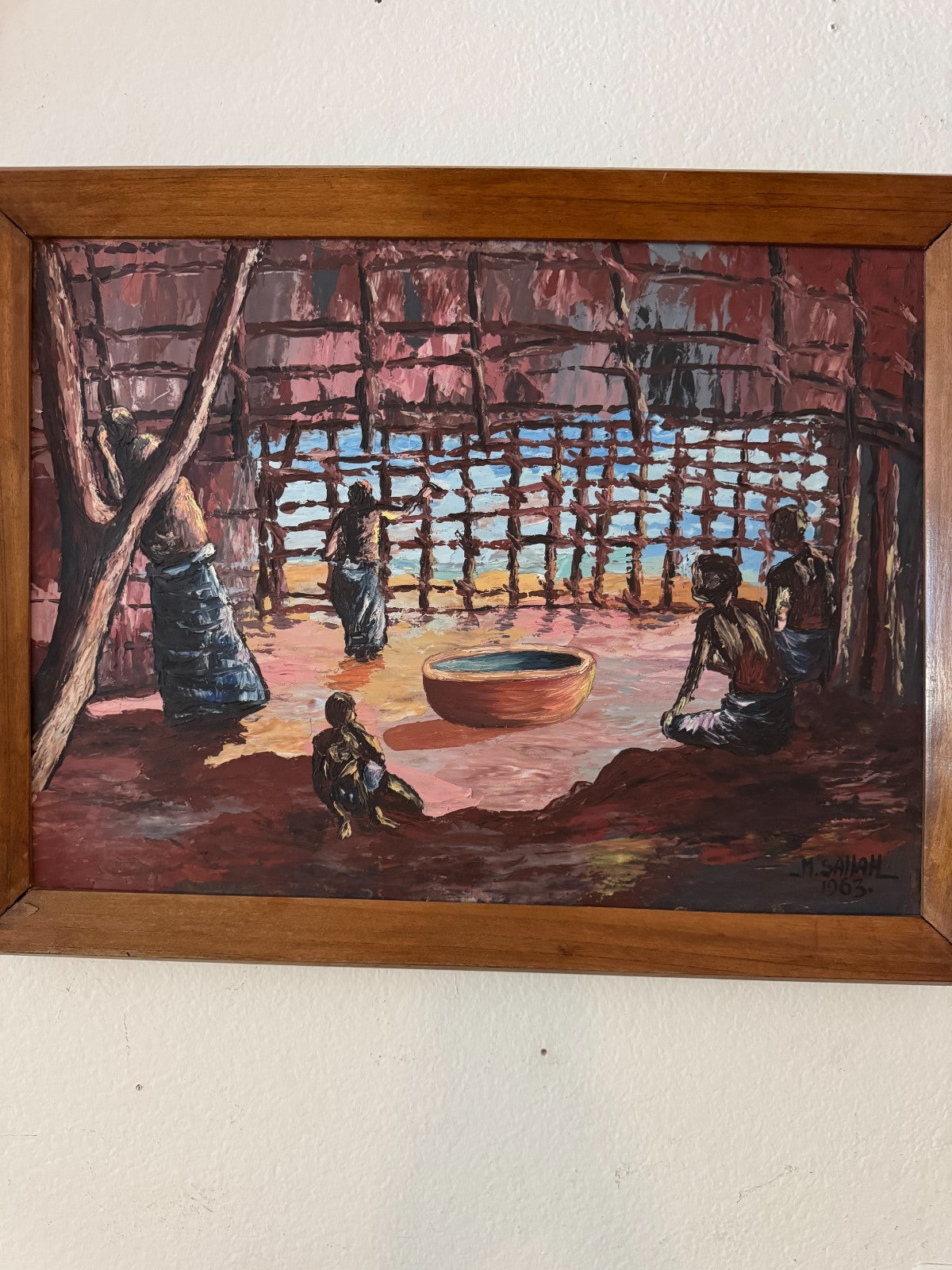 Vintage African Tribal Interior Painting Signed M. Sallah 1963 – Framed 21”x27”