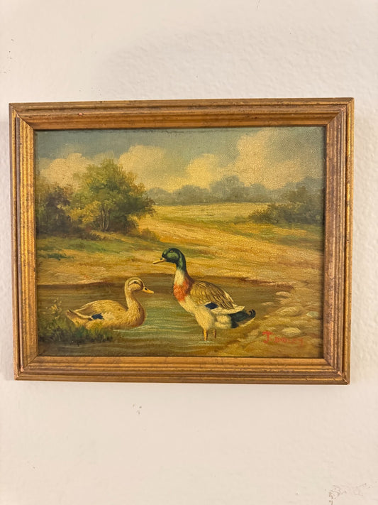 Vintage J. Dudley Framed Oil Painting Ducks in Landscape – 11” x 9”