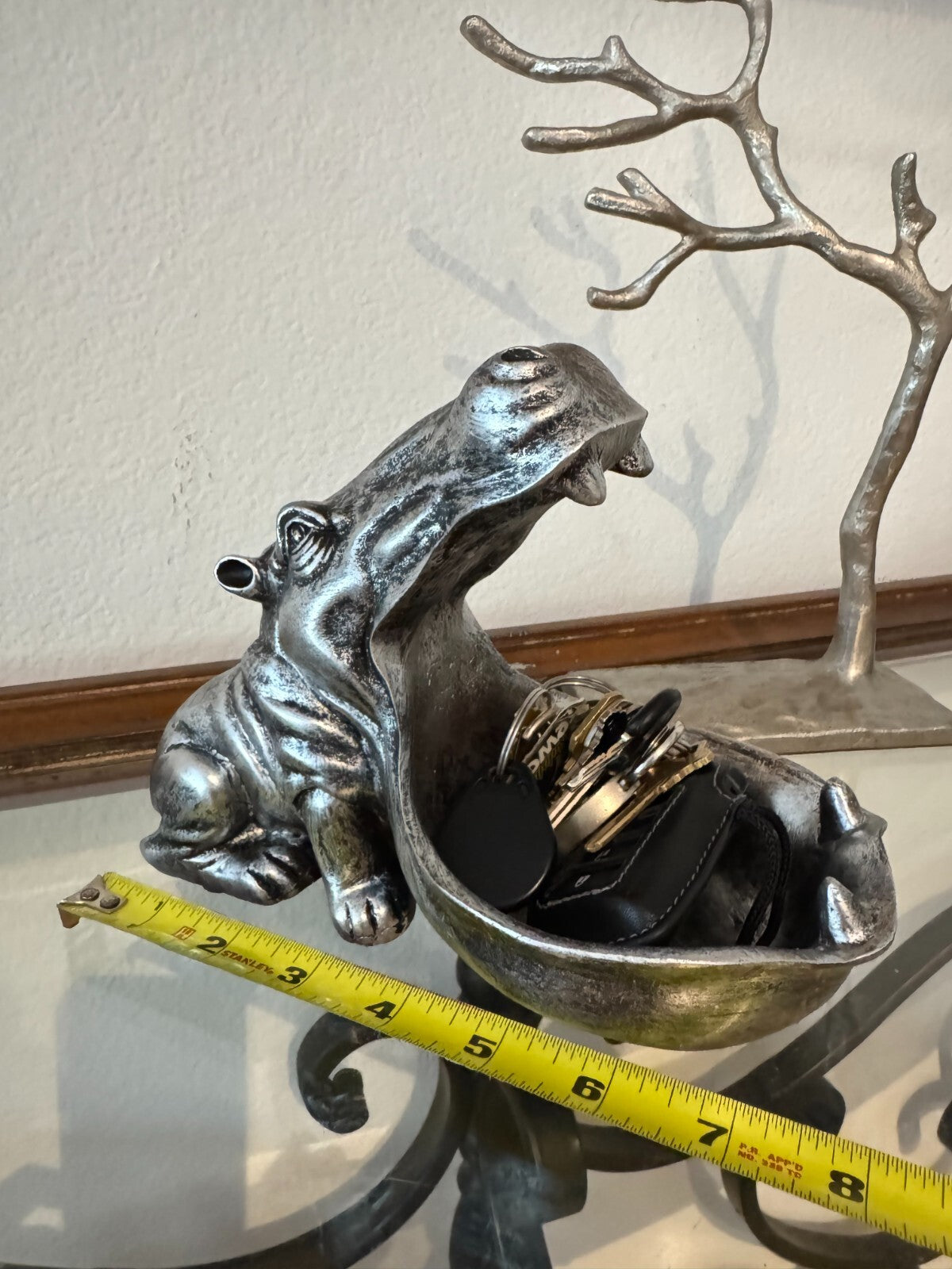 Resin Hippo Key Bowl Catchall Tray – Silver Decorative Animal Holder, 8x6