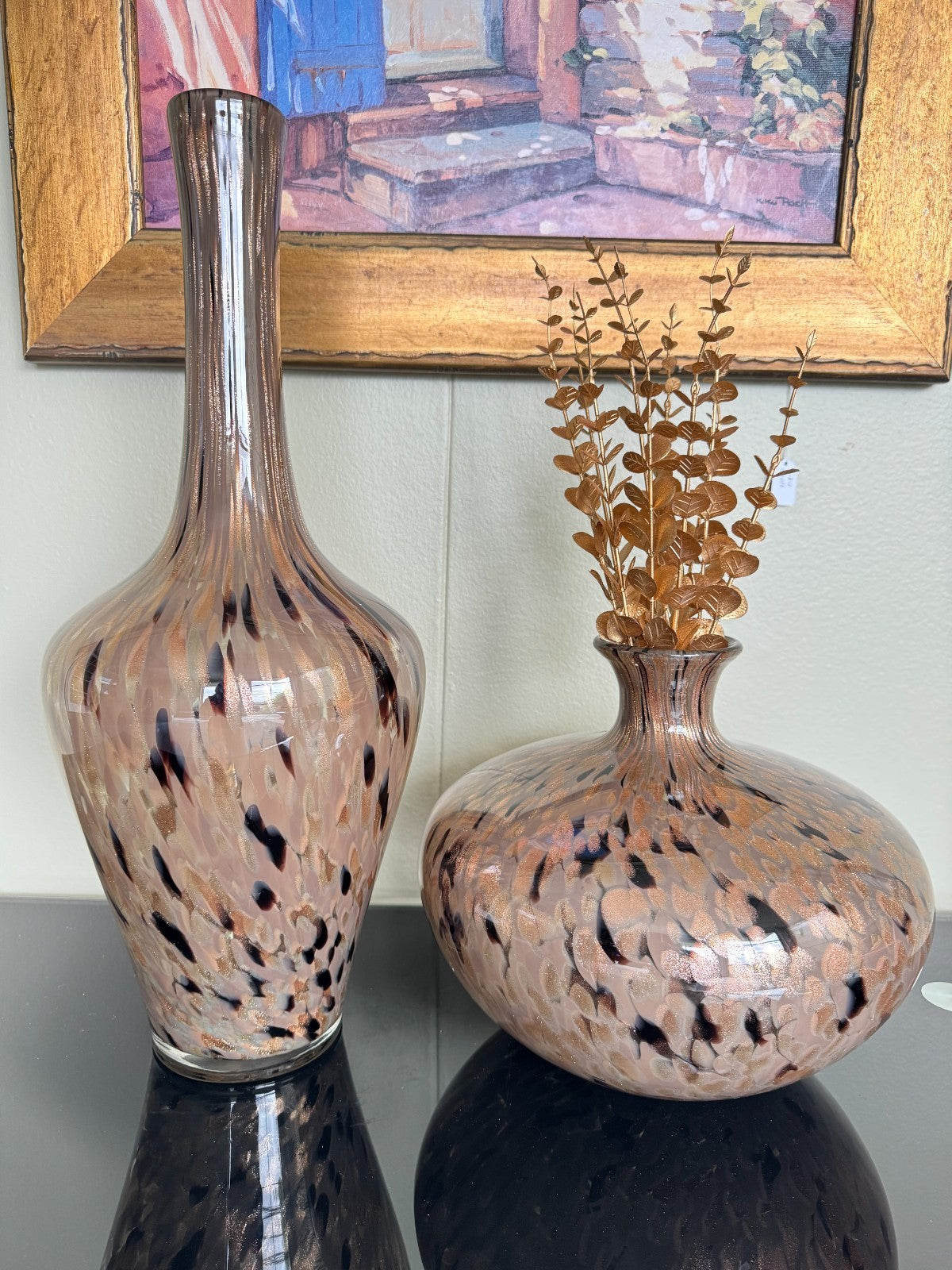 Set of 2 Handblown Art Glass Vases –  Modern Speckled Pattern Tall 20, 10in