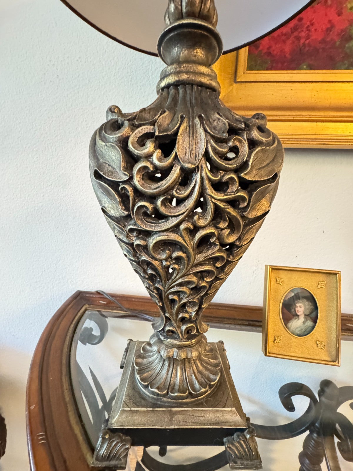Vintage Ornate Bronze-Style Resin Table Lamp  Black Shade – 28” Tall