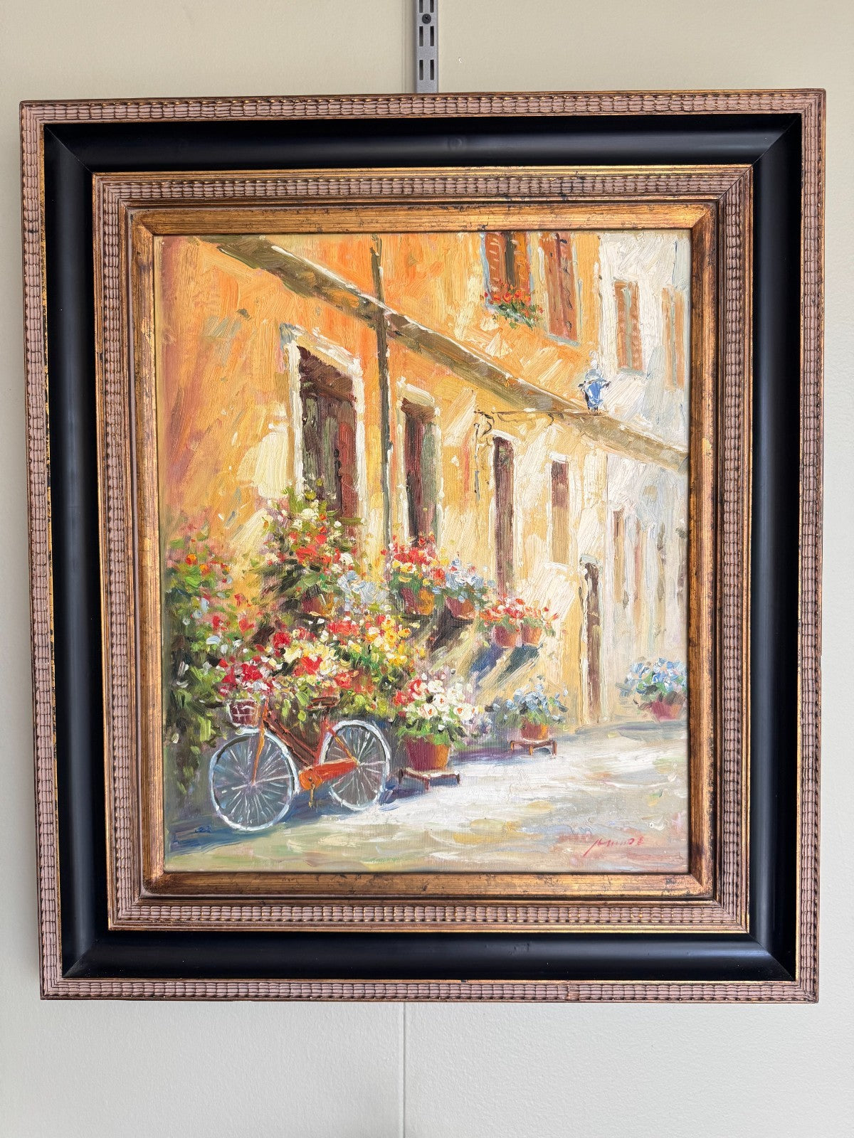Original Oil Painting on Canvas Street Scene with Bicycle & Flowers – 27x31”