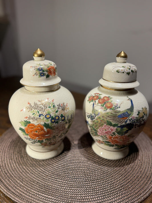 VINTAGE Set Of 2 Japanese Satsuma Vase-ware Colored porcelain Peacock