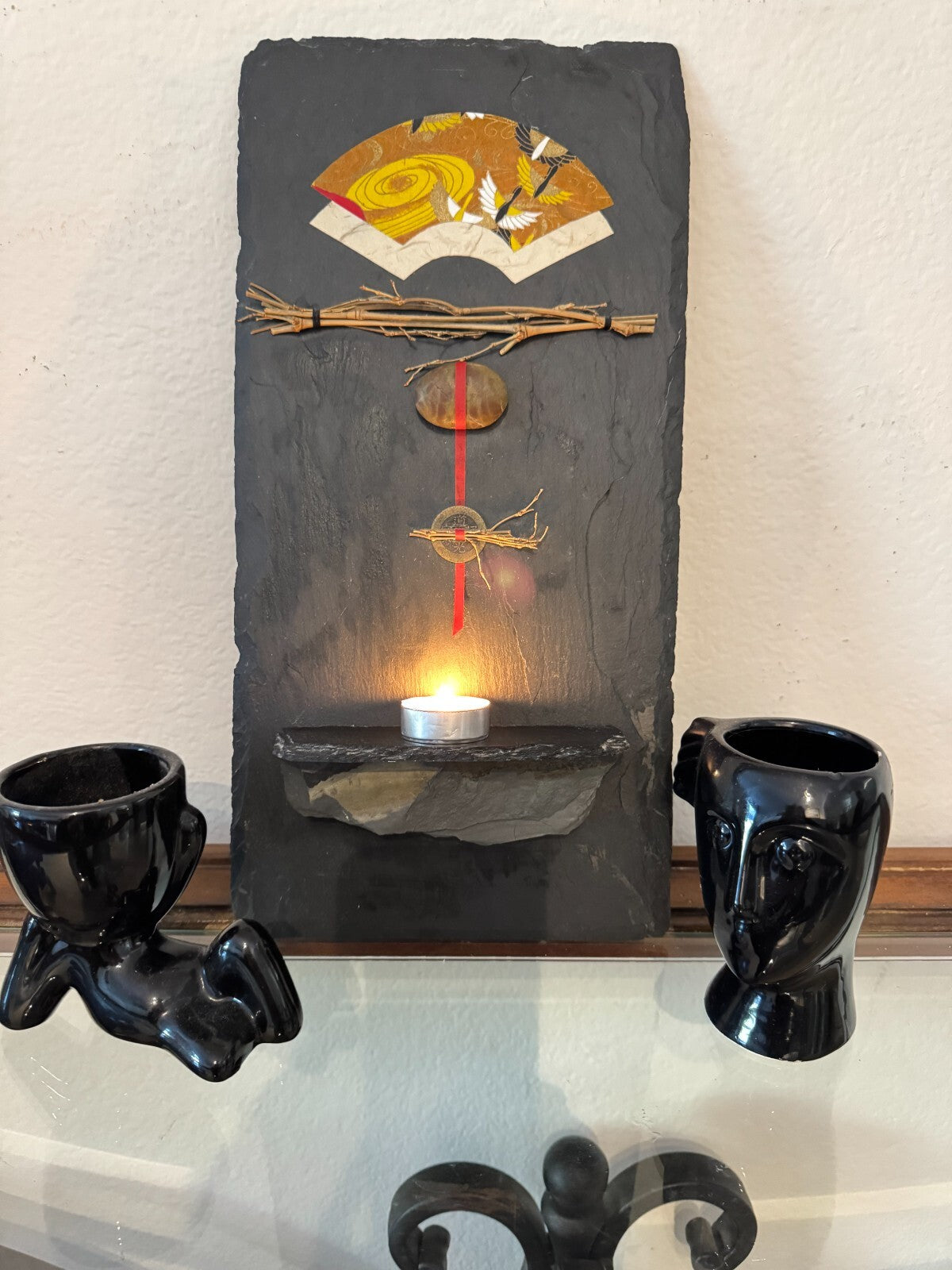 Handcrafted Slate Wall Art with Candle Holder – Japanese Zen Stone Decor