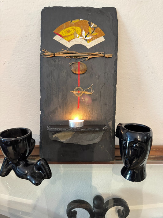 Handcrafted Slate Wall Art with Candle Holder – Japanese Zen Stone Decor