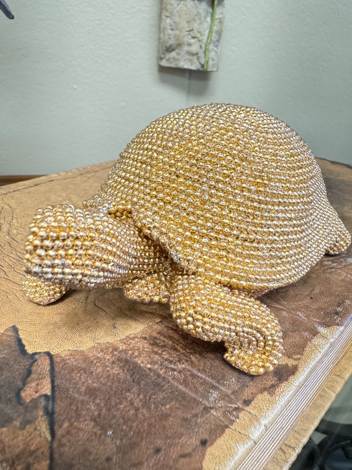 Gold Rhinestone Sea Turtle Figurine – Sparkling Resin Coastal Home Décor (5”)
