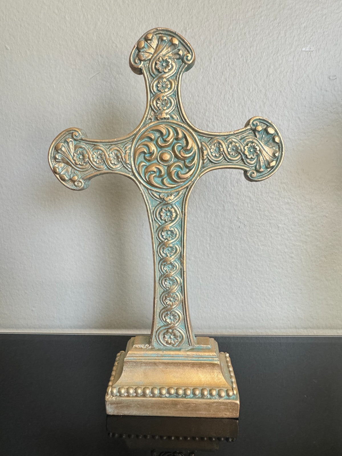 Set of 2 Decorative Resin Crosses – Gold & Aqua Patina Finish, 9'' Tall
