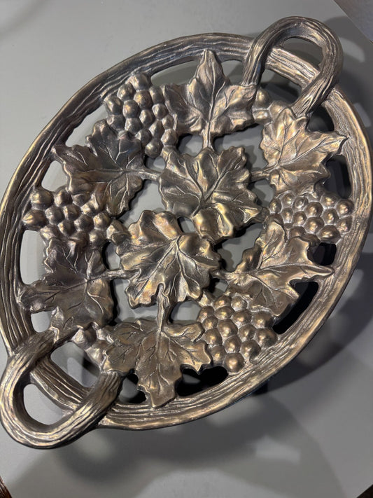 Vintage Metal Decorative Serving Tray with Grape & Leaf Motif - 12inches Handles