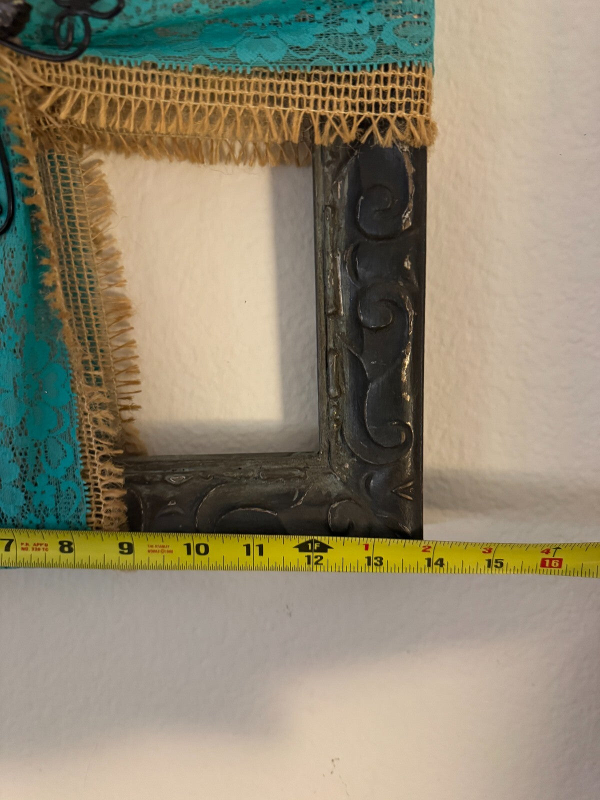 “Rustic Metal Frame Cross Wall Art with Burlap & Turquoise Lace Accents -