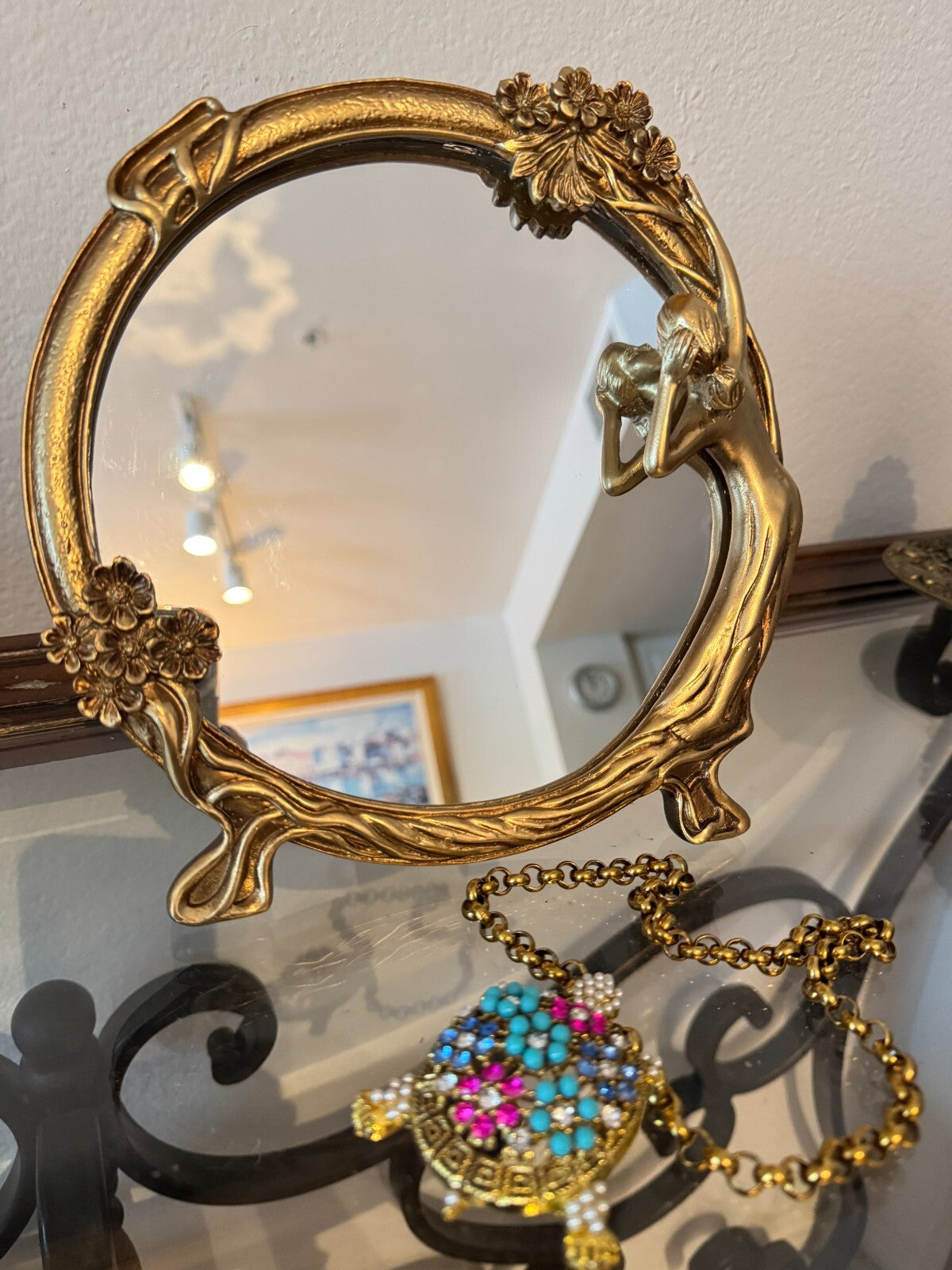 Vintage Art Nouveau Style Resin Vanity Mirror Woman & Floral Motif 9” Gold