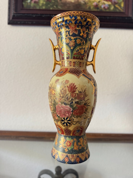 Vintage Satsuma Style Hand-Painted Ceramic Vase – 18” Floral & Gold with Gilded