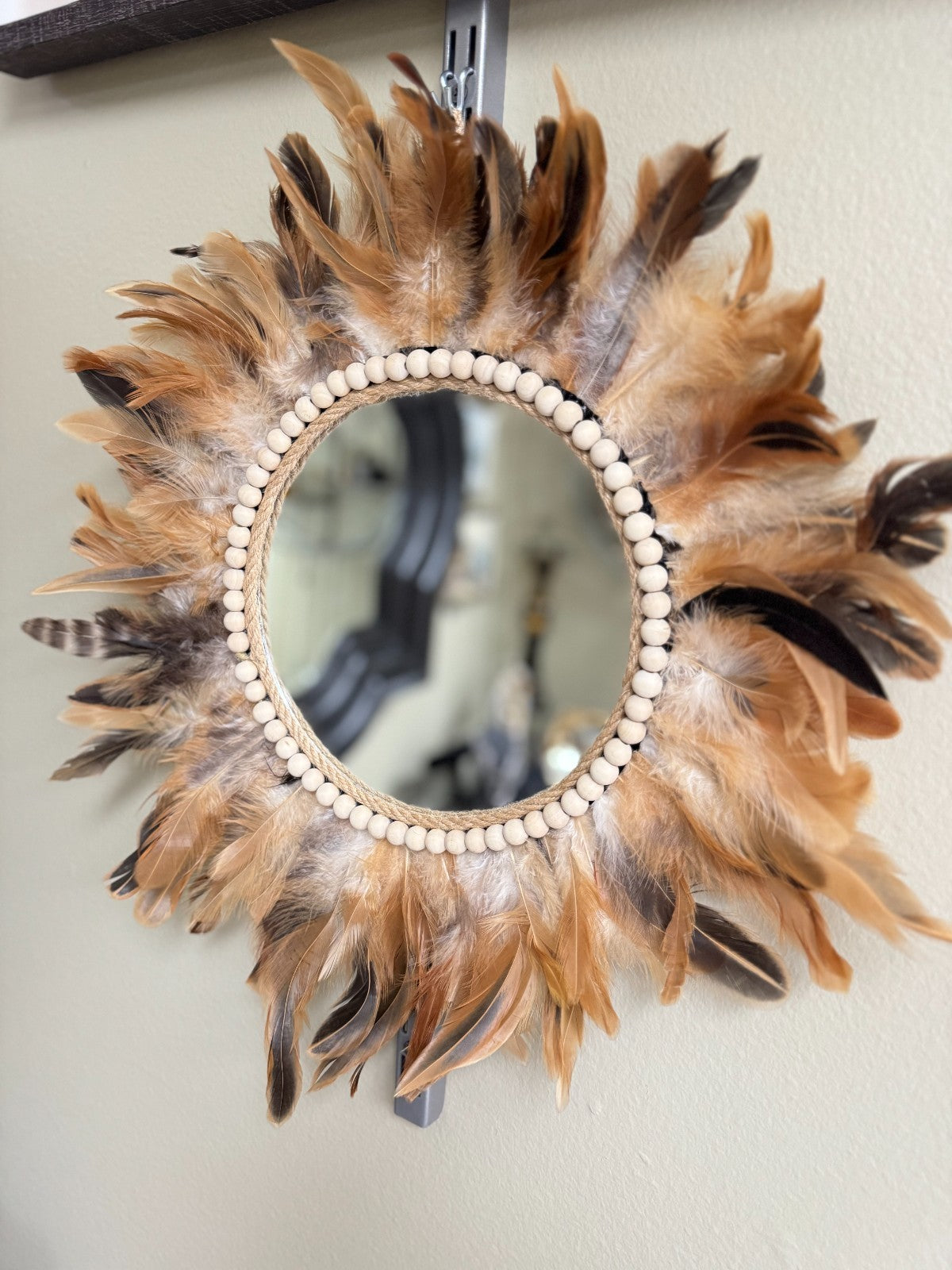Boho Feather Sunburst Wall Mirror with Wood Beads – 15” Brand New