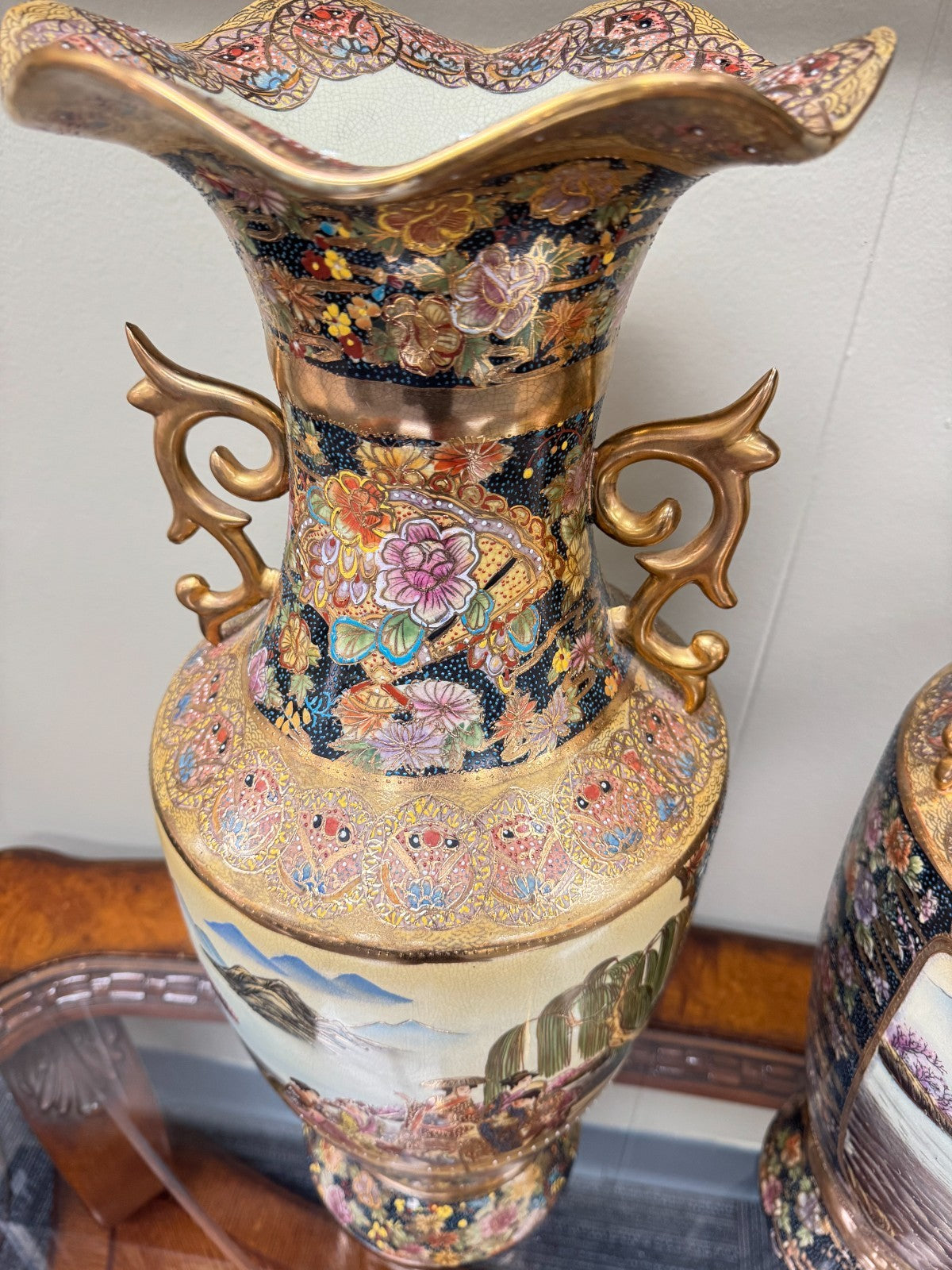 Pair Large 24” Japanese Satsuma Vases Hand Painted Gold Moriage Geisha Scene