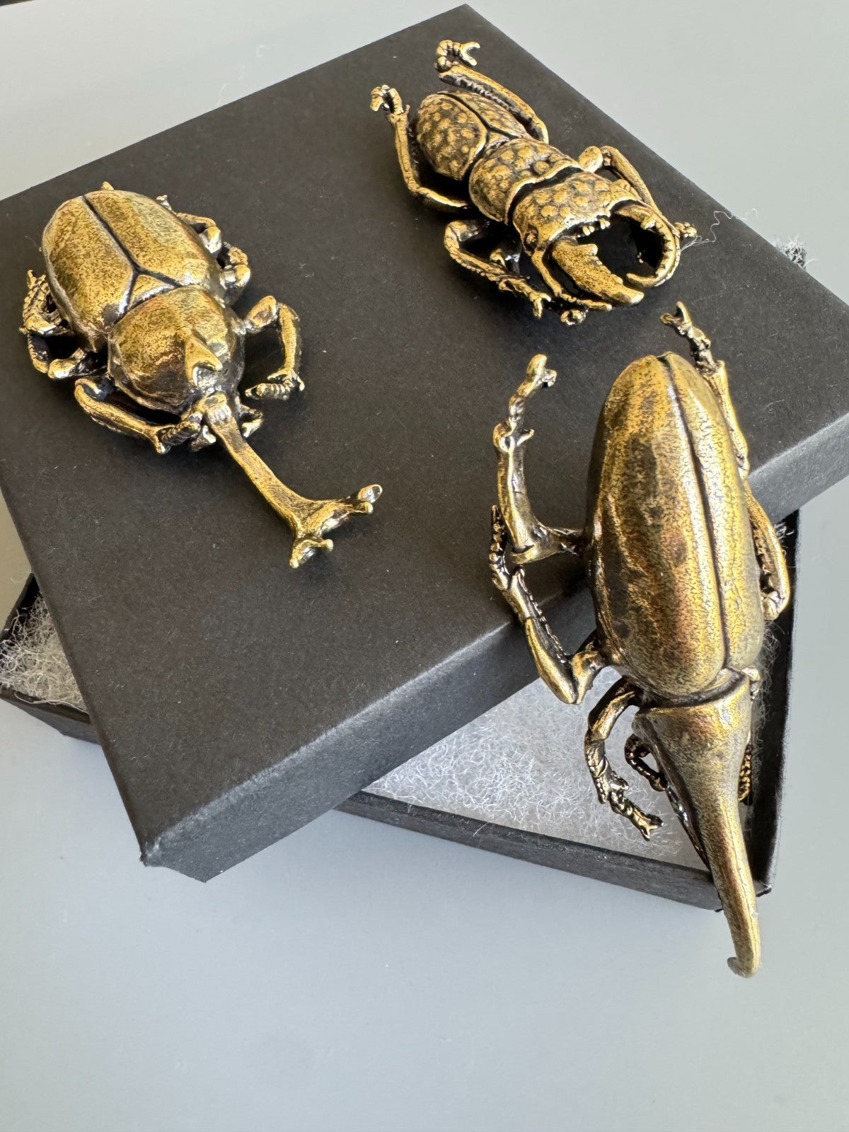 3 pcs Exquisite Brass Beetle Mini Statue. Home Decor . Gift Box Include
