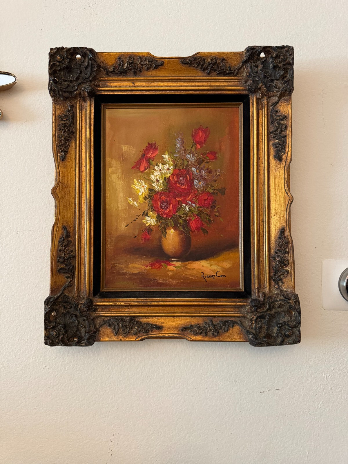Vintage Robert Cox Original Oil Painting Floral Handcrafted Wooden Gold Frame