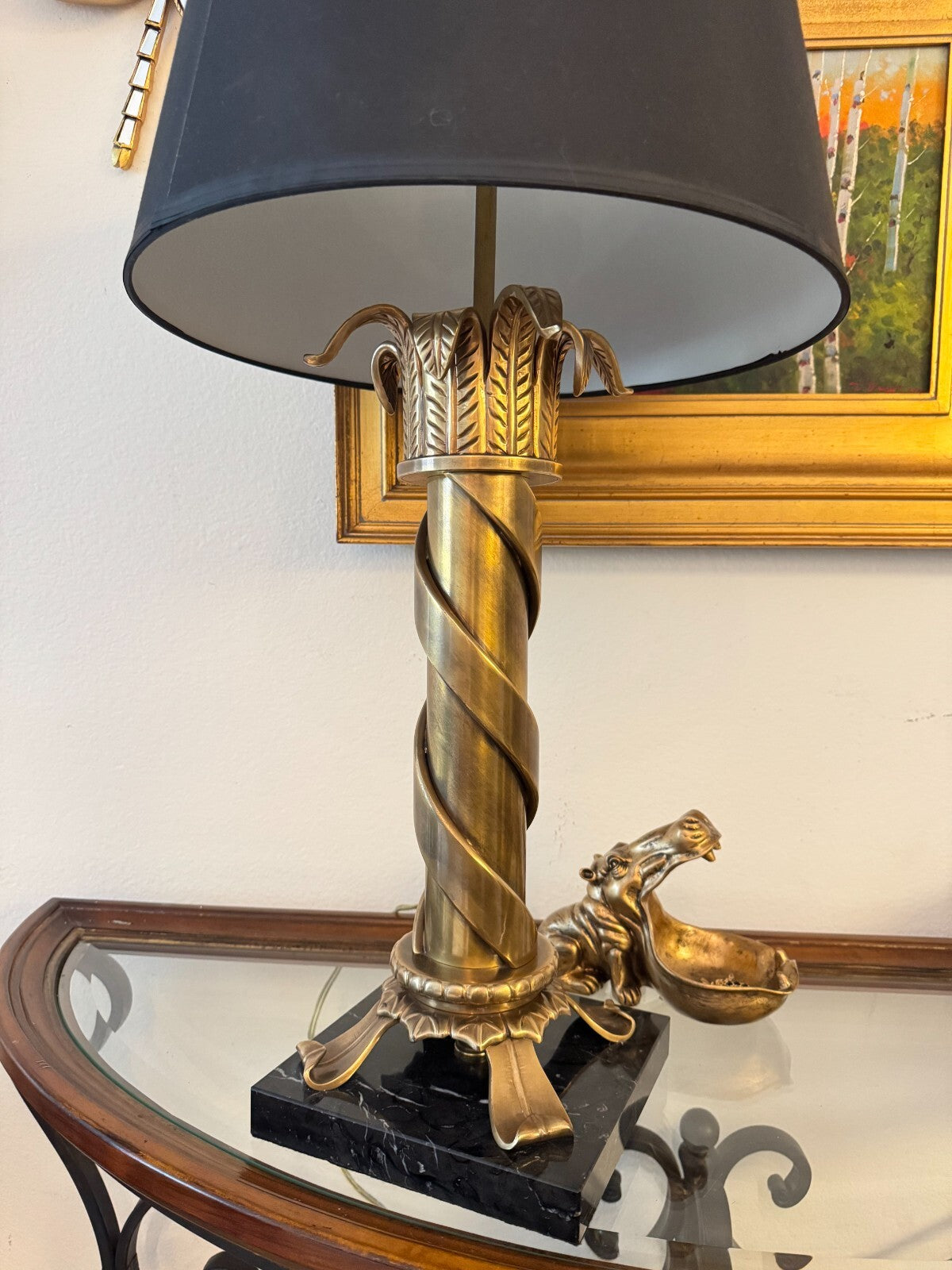 Large Vintage Heavybronz Table Lamp Black Shade Ornate Spiral Design Marble Base