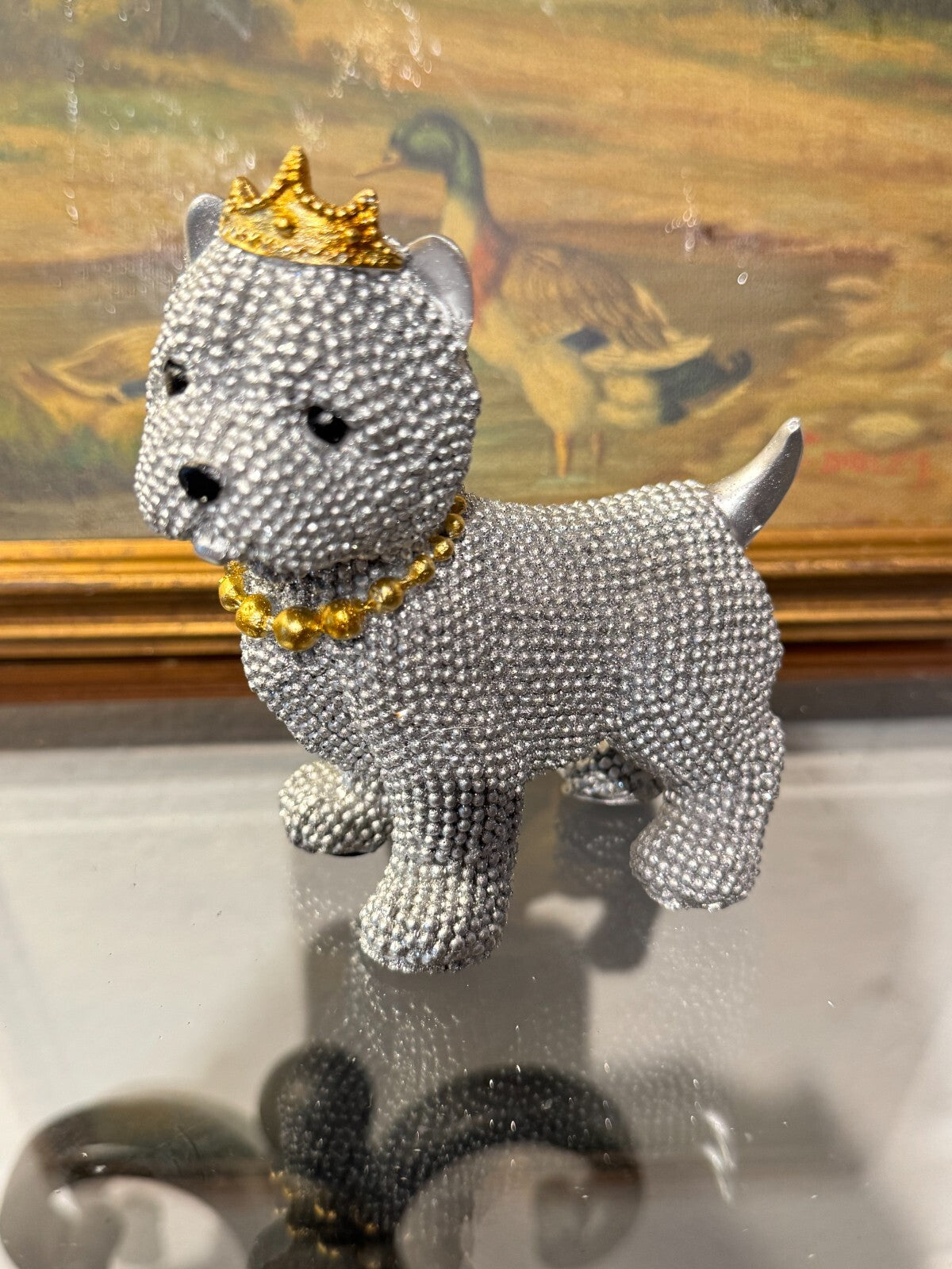 Luxury Rhinestone Dog Figurine with Crown & Necklace – Sparkling Resin Decor