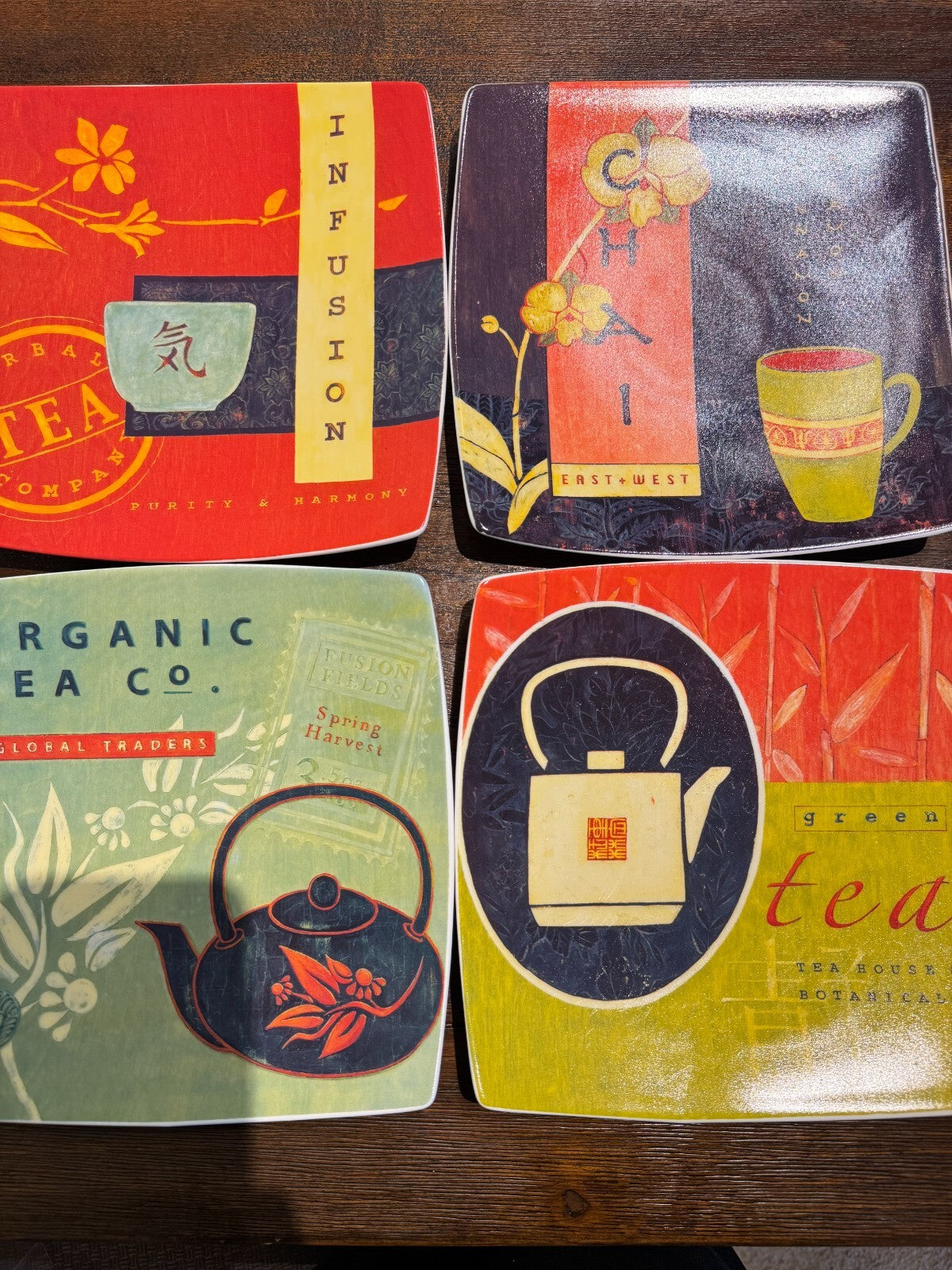 Cypress Home Tea-Themed Square Plates Set of 4 - 8.5inches Decorative Dishes
