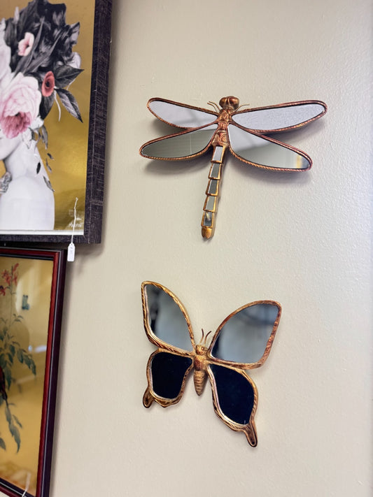 Set of 2 Resin Wall Mirrors – Dragonfly & Butterfly Insect Design, Gold Finish,