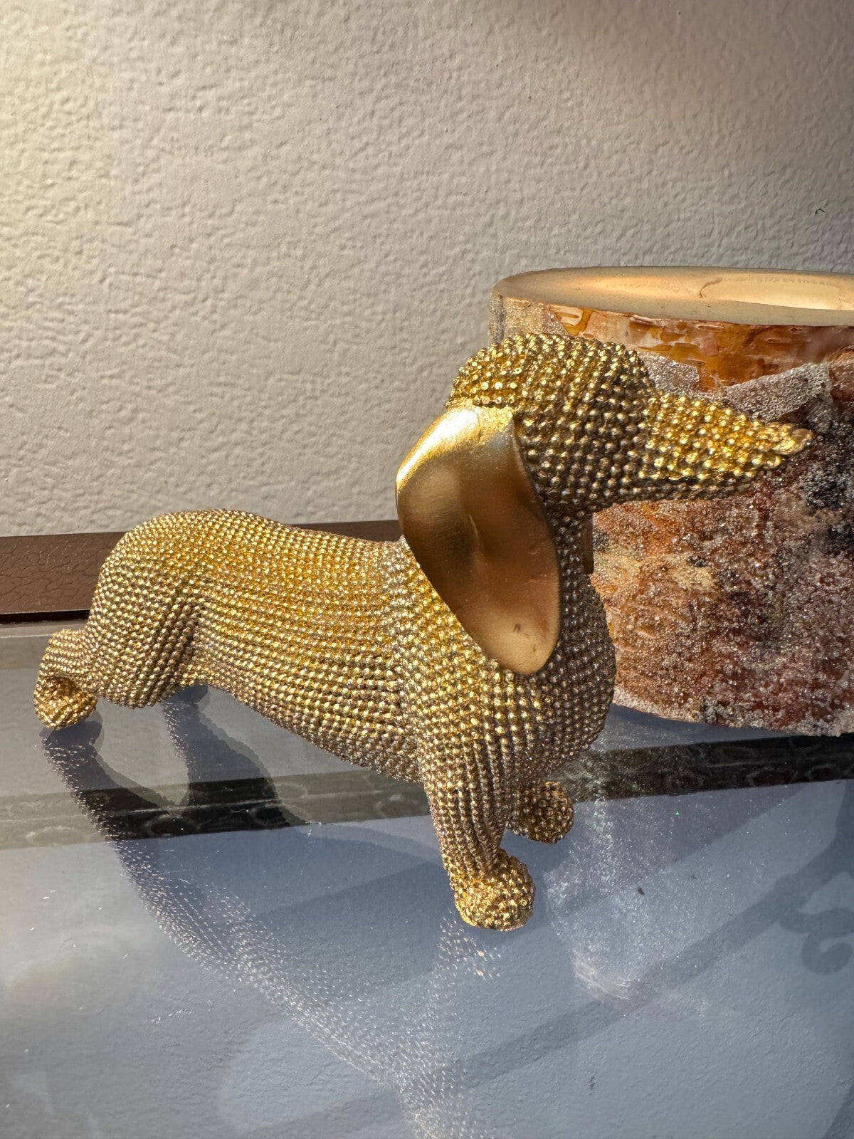 Elegant Gold Beaded Dachshund Dog Figurine – Decorative Sculpture, 6 Long
