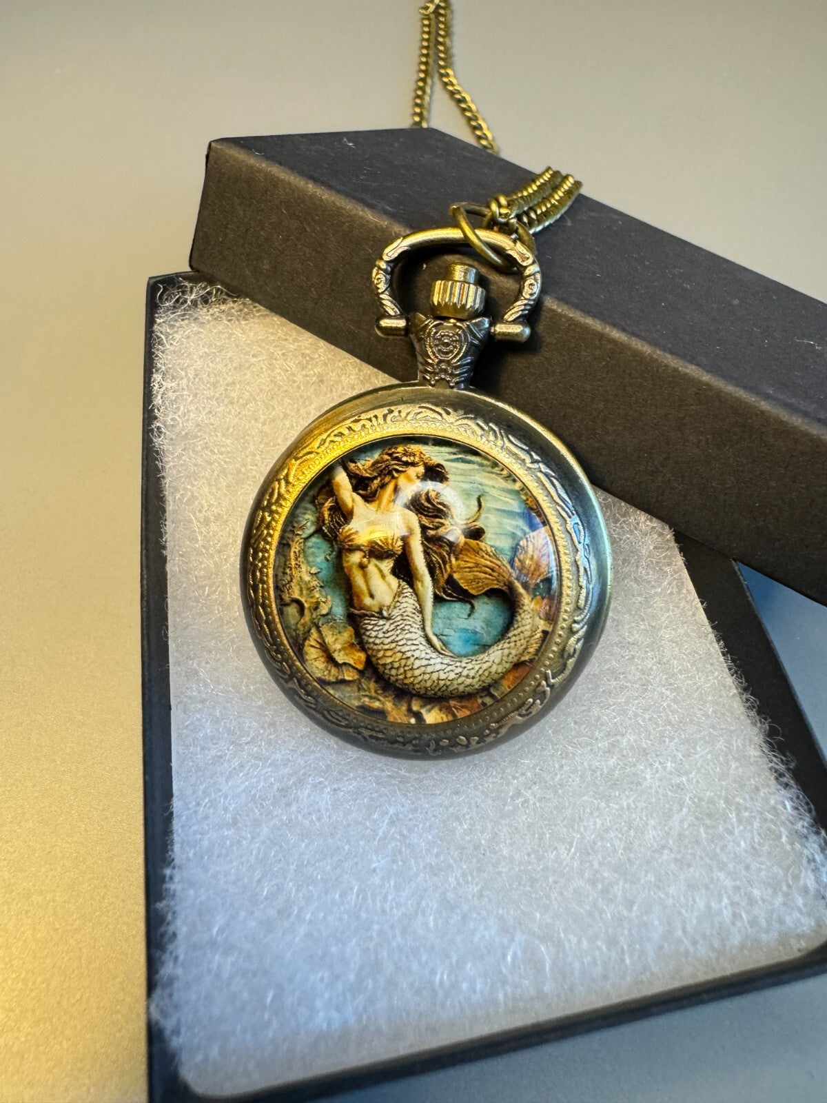 Mermaid Vintage Style  Brass Watch With Chain Toy Collectible