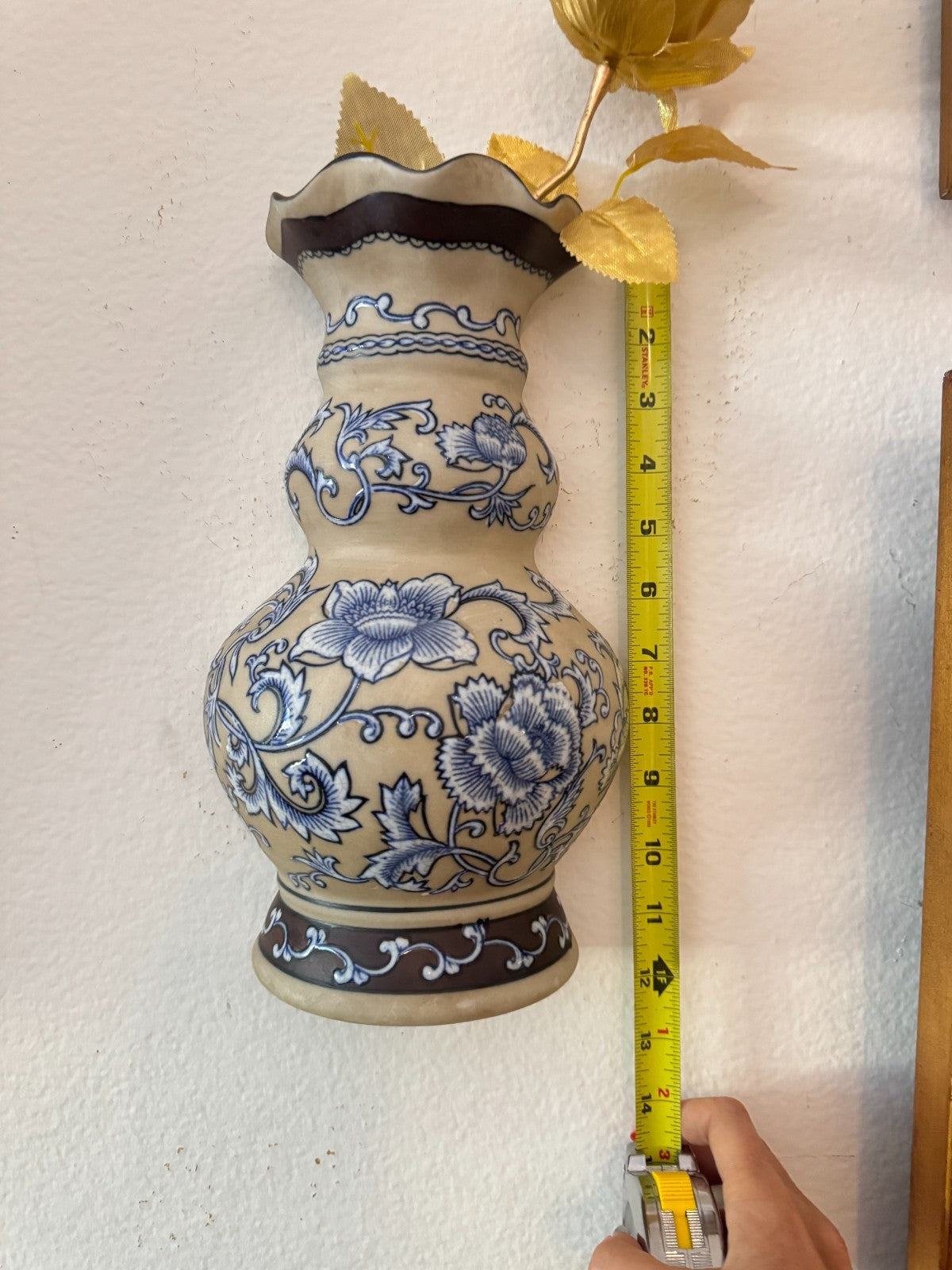 Formalities by Baum Bros. Blue & White Ceramic Wall  Vase – 13” Floral Asian