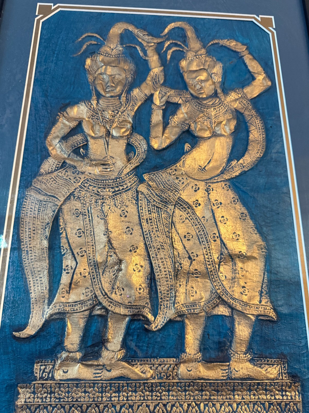 Framed Thai Embossed Artwork – Apsara Dancers in Gold on Blue Background, 25”x18