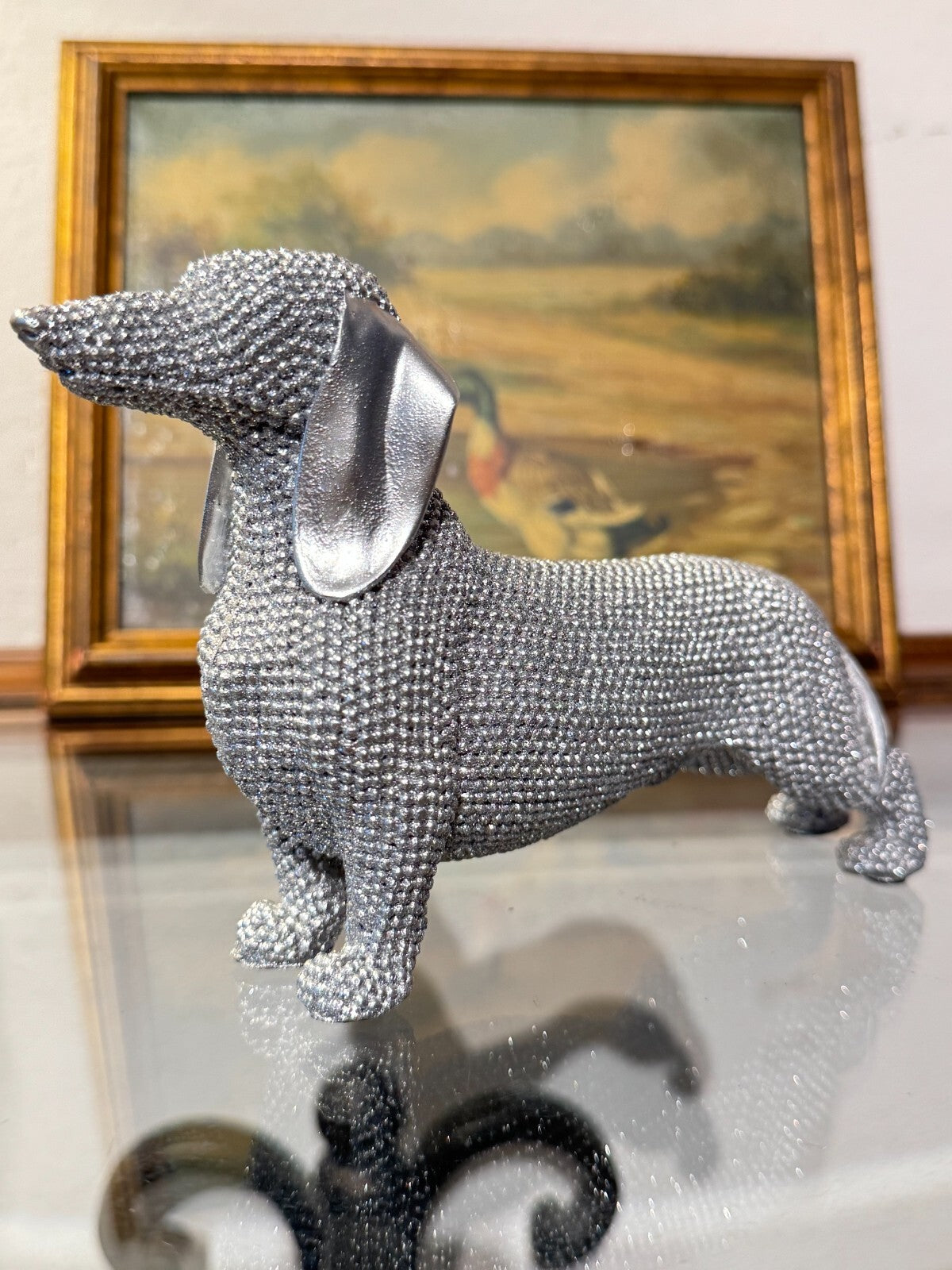 Elegant Silver  Beaded Dachshund Dog Figurine – Decorative Sculpture, 6 Long