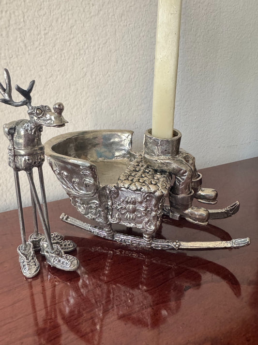 Whimsical Metal Christmas Sleigh & Reindeer Set – Silver-Plate  Holiday