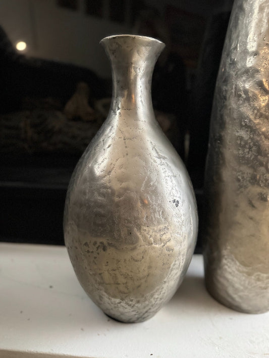 Set of 2 Hammered Silver Metal Floor Vases Modern  24,19 inches tall