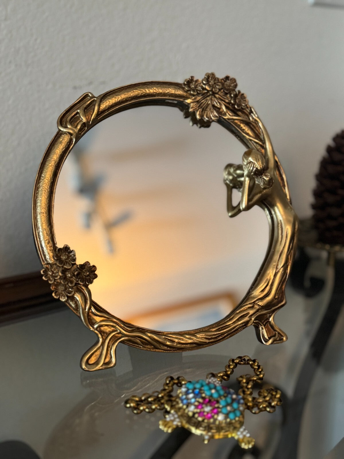 Vintage Art Nouveau Style Resin Vanity Mirror Woman & Floral Motif 9” Gold