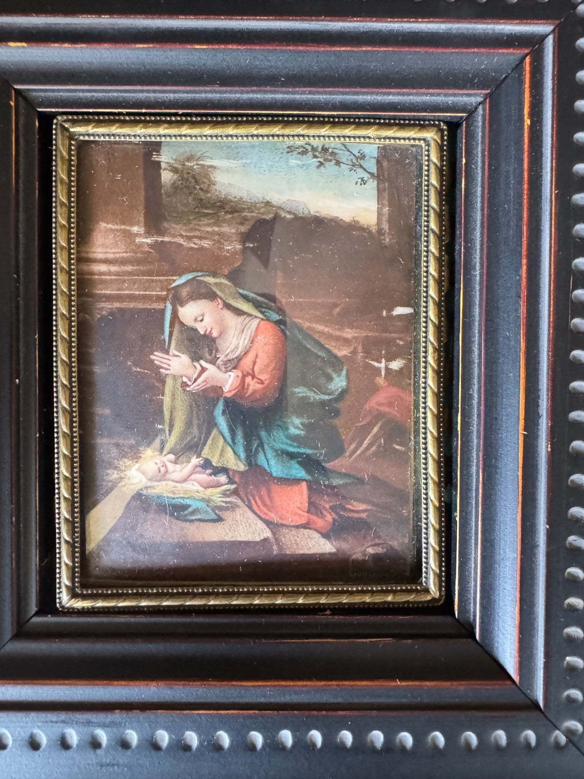 Antique Miniature  Painting – Madonna and Child Nativity Scene Signed Correggio