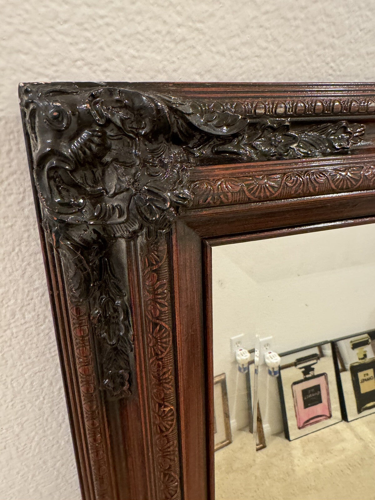 Vintage  Large Mirror Dark Brown Wood Handmade Frame 37” X 47”