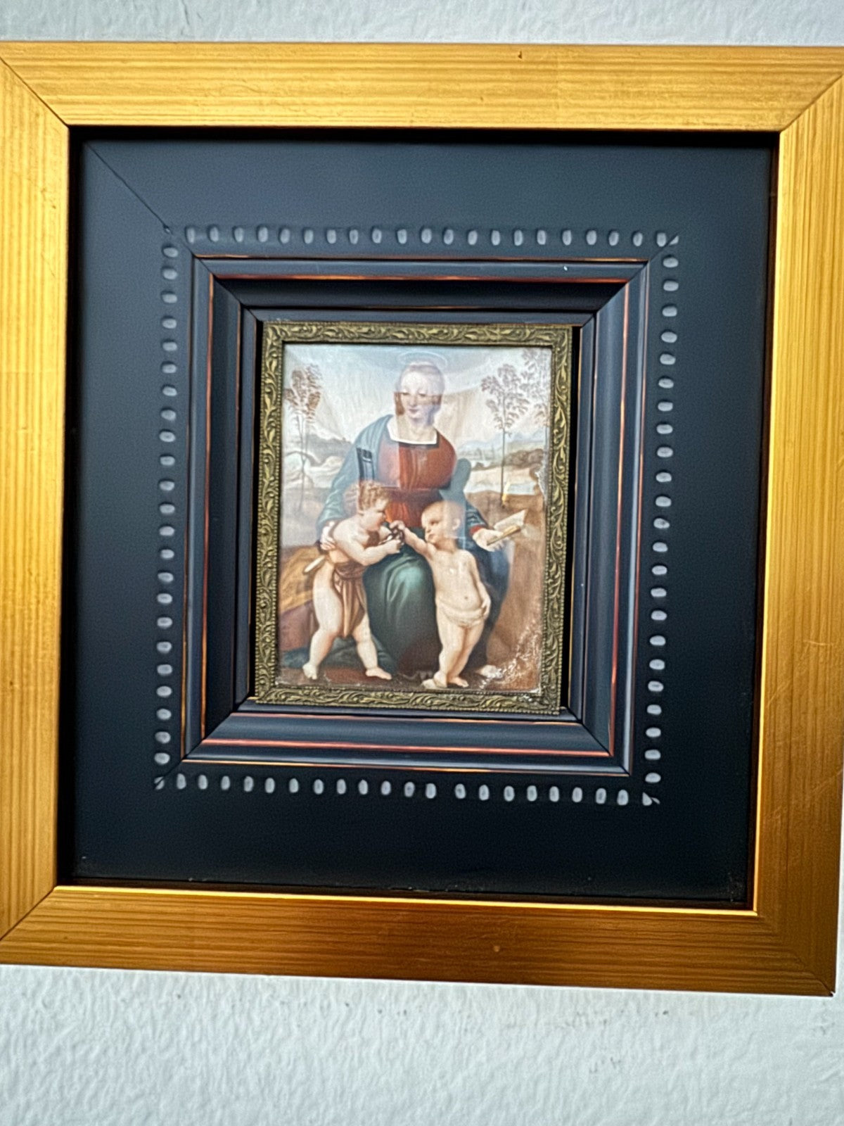 Antique Miniature Religious Painting “Madonna and Child with St. John” Gold Fram