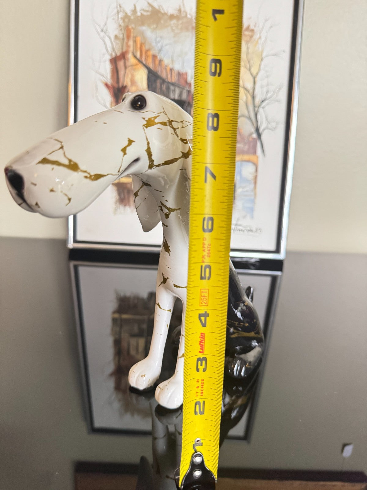 Stylized Resin Dog Figurine – White & Black with Gold Marble Accents 8.5Tall