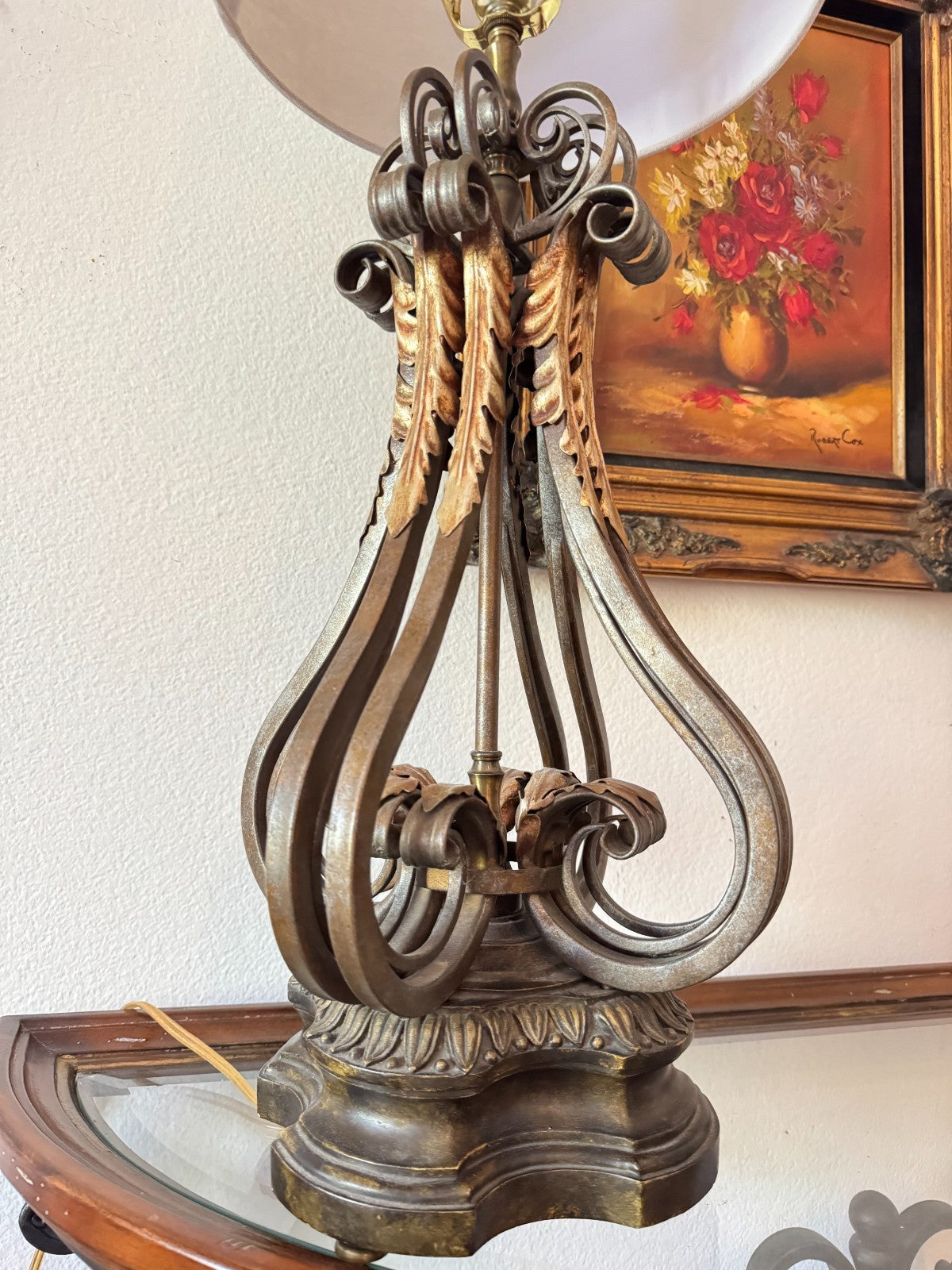 Vintage Metal Stiffel Candelabra Lamp With Ornate Leaf Detailing & Fabric Shade