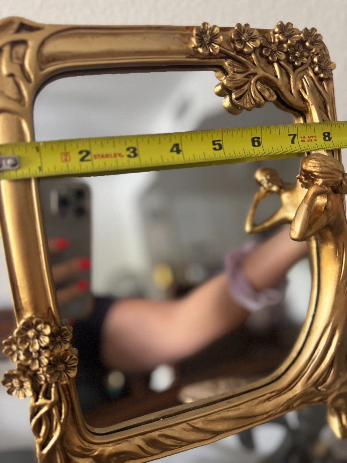 Art Nouveau Style Gold Resin Vanity Mirror – Woman & Floral Frame – 8” x 11”