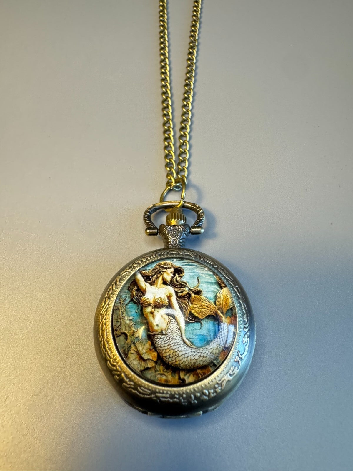 Mermaid Vintage Style  Brass Watch With Chain Toy Collectible