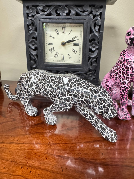 Black & White Crackle Resin Panther Statue – 10” Long