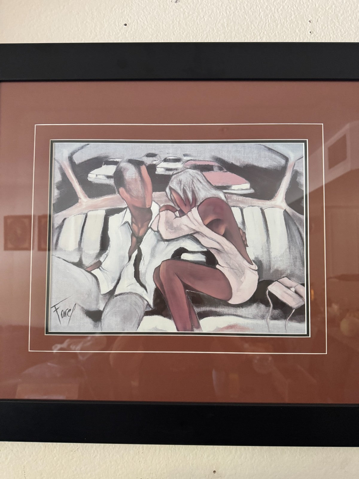 Framed Print by Fare – Romantic Couple in Car – Modern Expressionist Style – 28”