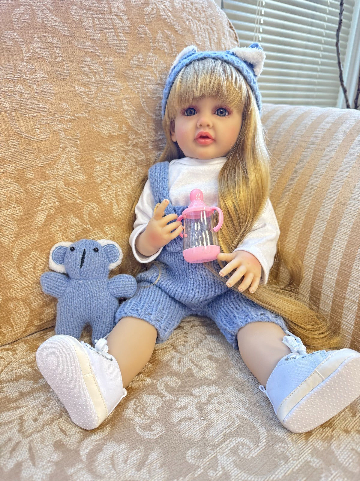 Realistic 20” Reborn Baby Doll  Blonde Hair, Knit Blue Outfit, 20in