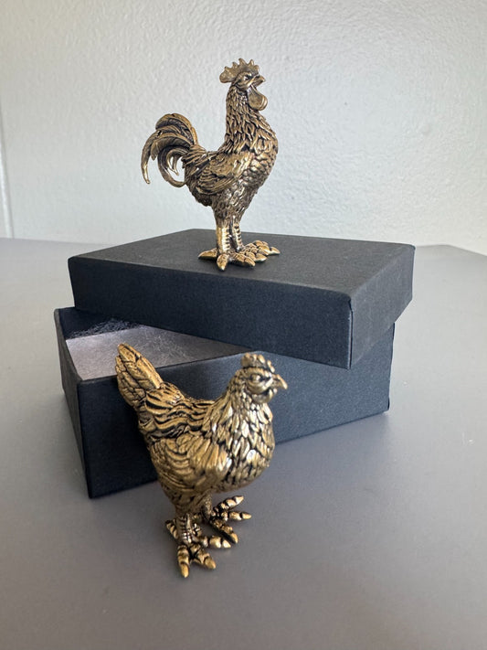 Elegant Brass Rooster and Hen Figurine Set Brand New Gift Box