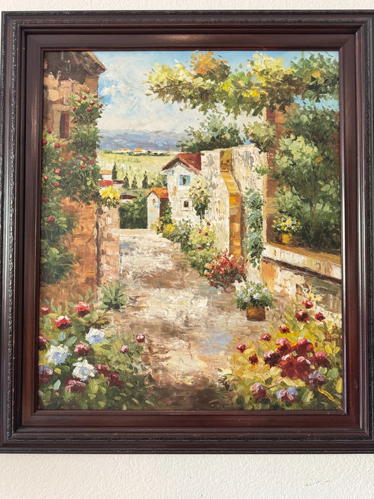 Framed Original Oil Painting – Mediterranean Garden Pathway Scene – 29”x25” In