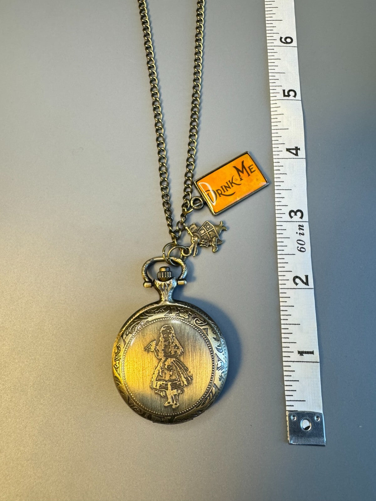 Alice in Wonderland Vintage Style  Brass Watch With Chain Toy Collectible