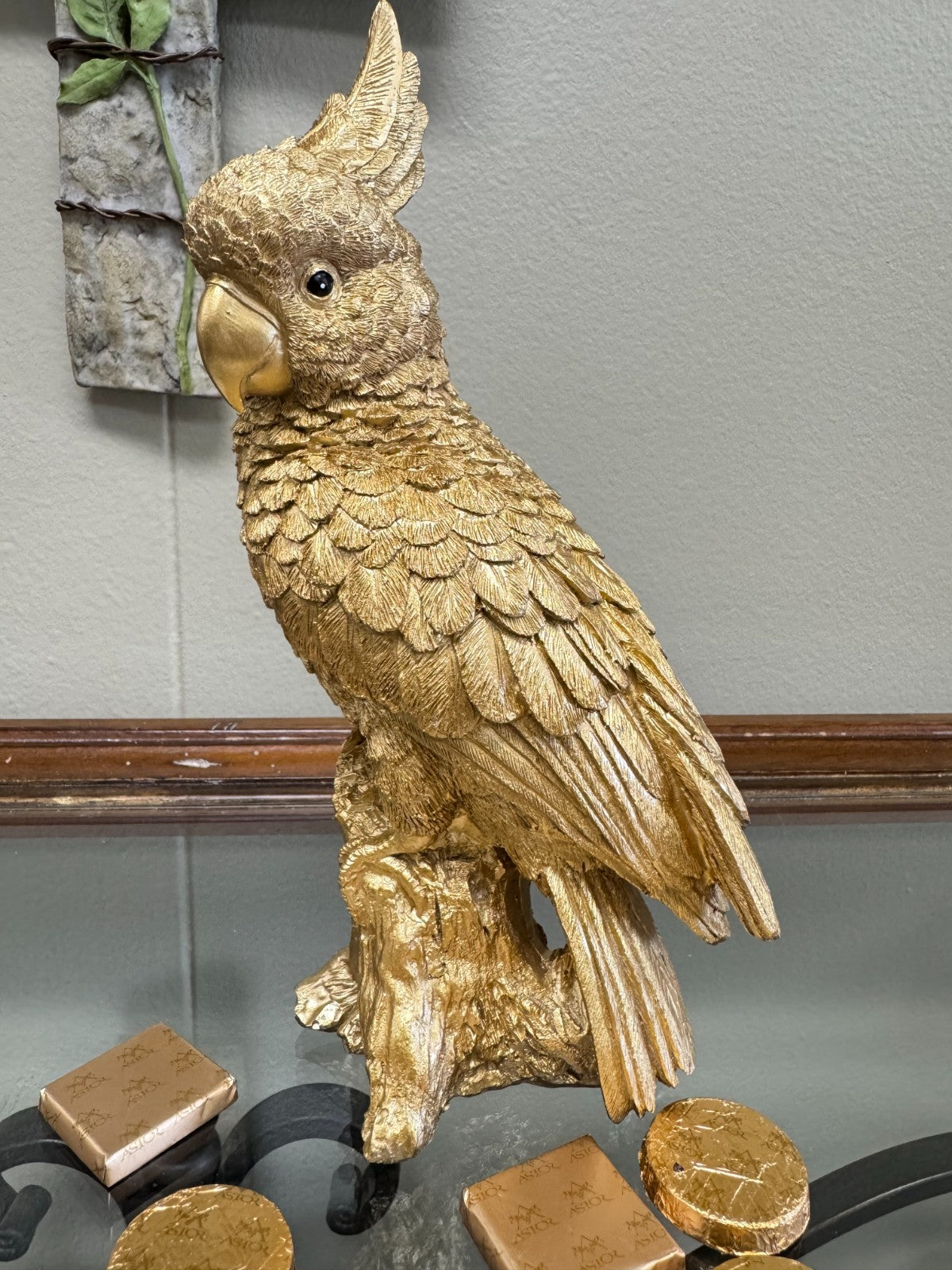 Gold Resin Cockatoo Parrot Figurine Sculpture on Tree Stump – 9” Tall Home Décor