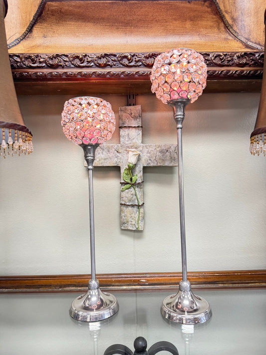 Set of 2 Crystal Beaded Candle Holders – 20, 17” Tall Silver Metal Stands