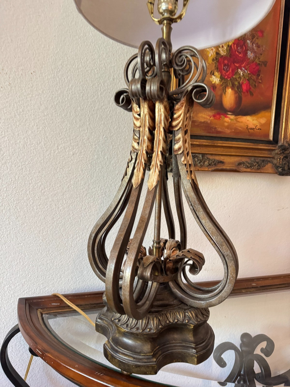 Vintage Metal Stiffel Candelabra Lamp With Ornate Leaf Detailing & Fabric Shade