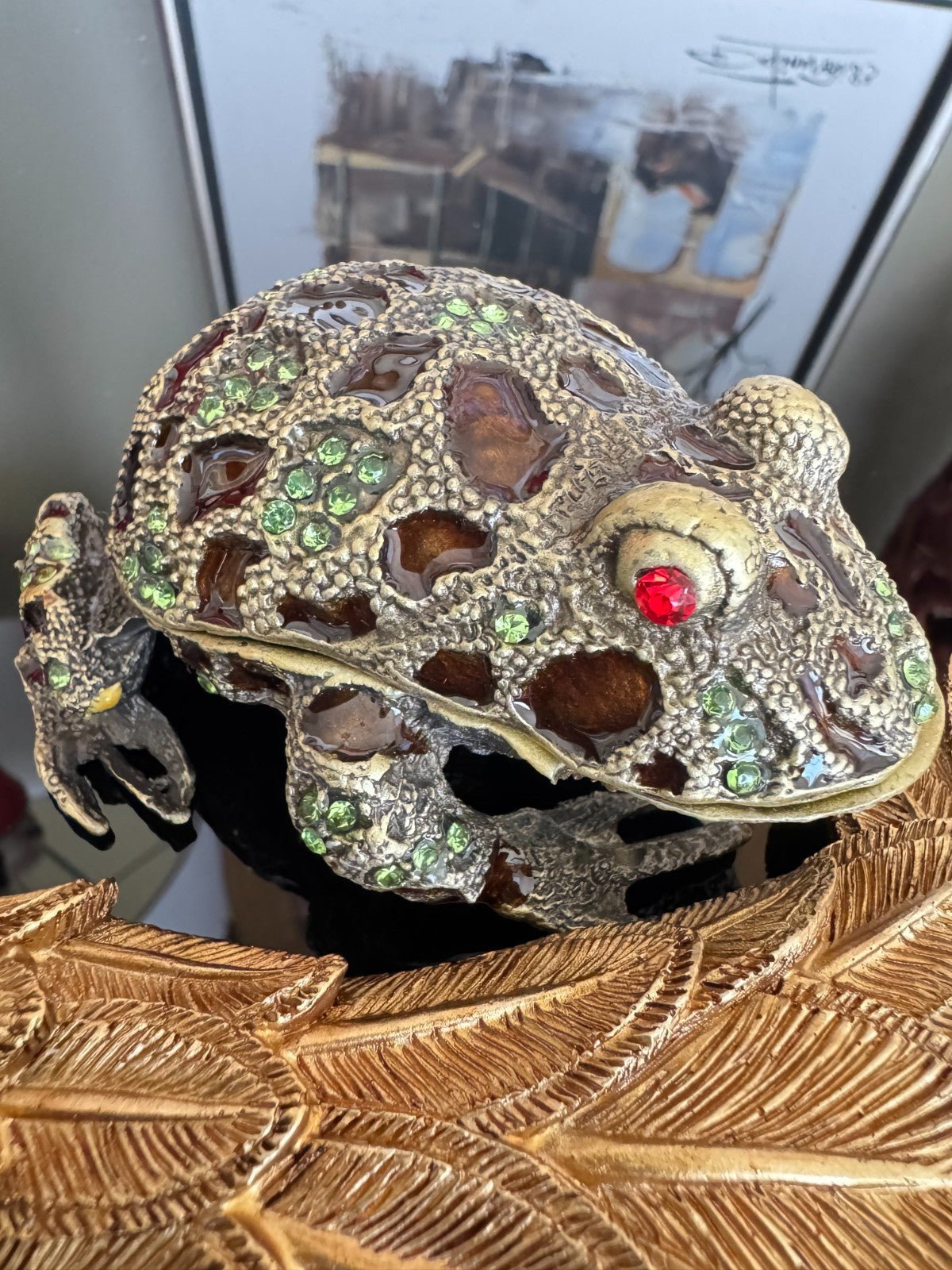 Jeweled Frog Trinket Box with Green Rhinestones & Red Eyes Vintage Style